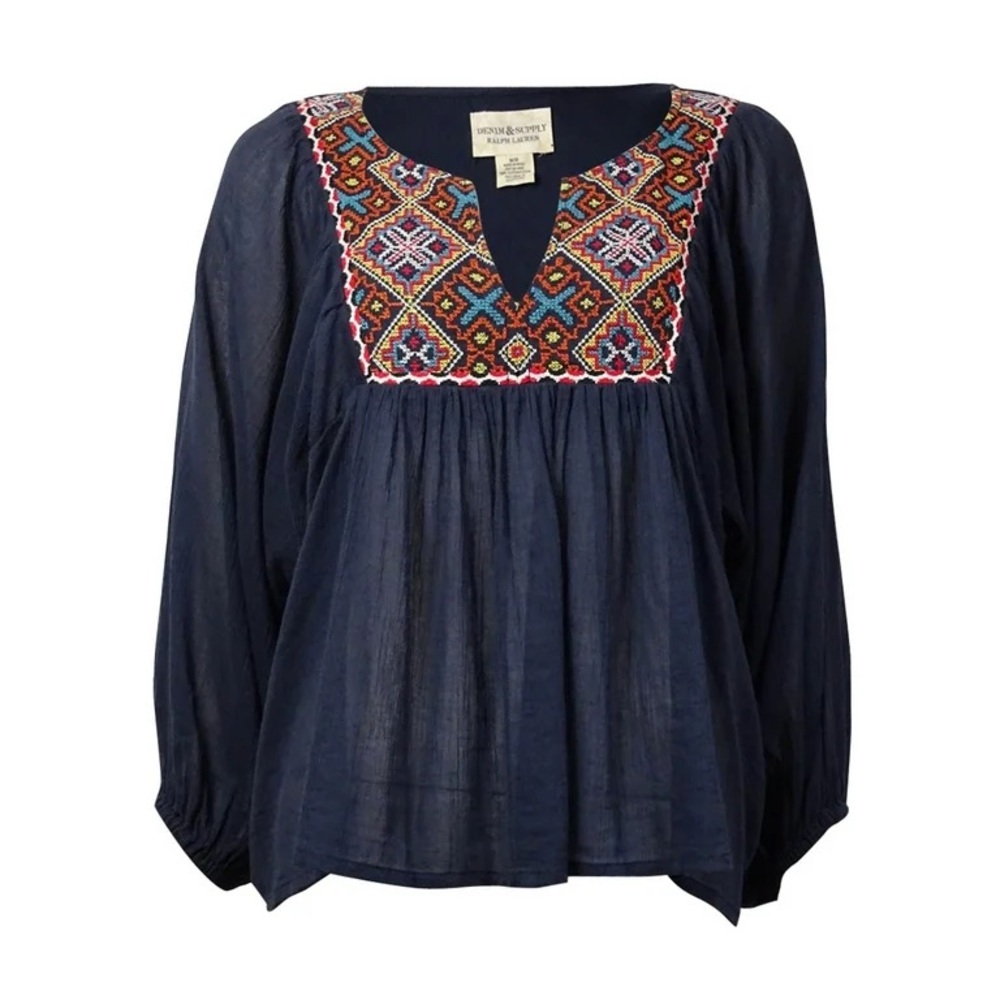 Denim & Supply Ralph Lauren Navy Blouse with Multicolor Embroidery
